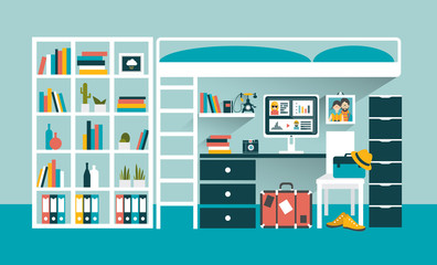 Office workplace with computer and book shelves under bunk bed. Flat design vector illustration.