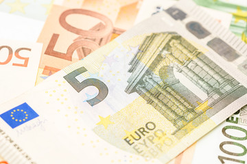 Five Euro Banknote On Euro Bills Background