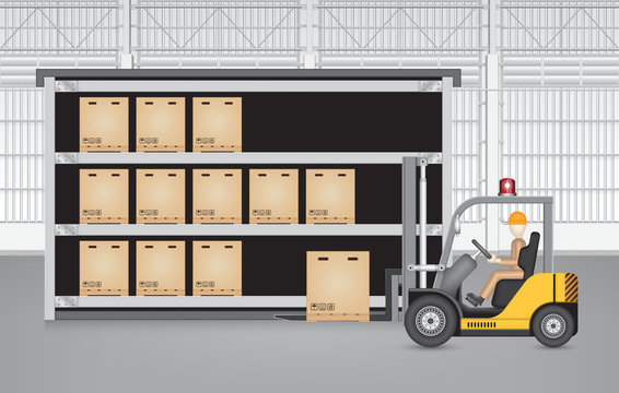 Vector of warehouse interior, modern building with operator to stock cardboard box, pallet to shelf storage by forklift for logistic, shipping and delivery. Freight transport and distribution industry