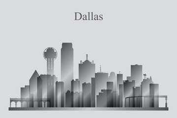 Dallas city skyline silhouette in grayscale