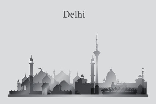Delhi city skyline silhouette in grayscale