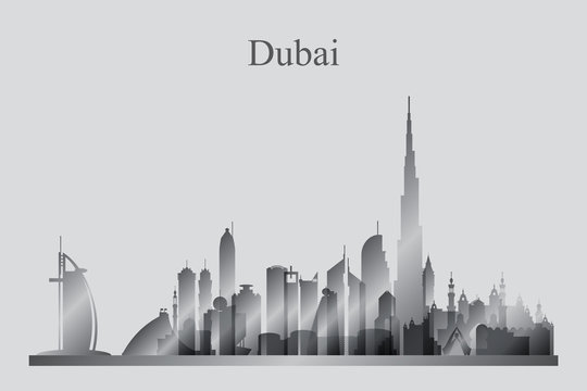 Dubai city skyline silhouette in grayscale