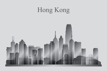Hong Kong city skyline silhouette in grayscale