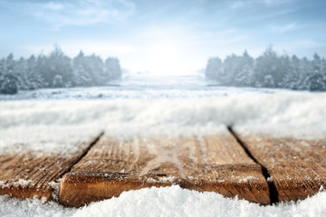 wooden desk space and winter day 