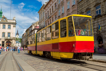 Fototapeta na wymiar Old tram is in the historic center of Lviv.