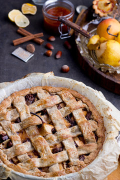 Apple/pear Pie In A Baking Pan, With Ingredients.