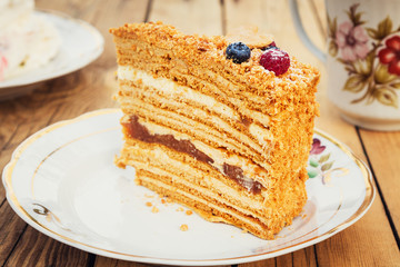 Slice of layered honey cake