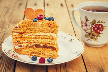 Slice of layered honey cake