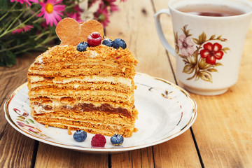 Slice of layered honey cake