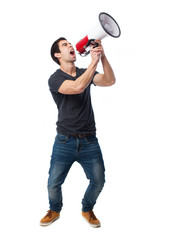 full body young man using a megaphone
