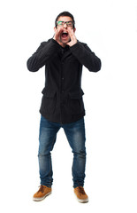 full body young man shouting over a white background
