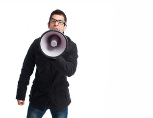 full body young man shouting with megaphone