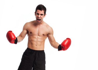 full body young boxer man over white