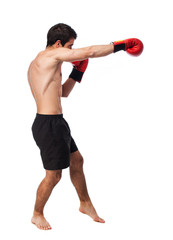 full body young boxer man over white