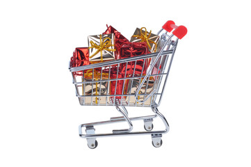 shopping cart with christmas gifts isolated on white background