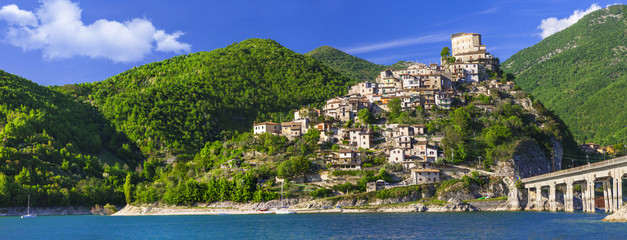 most beautiful villages of Italy  - Castel di Tora, scenic Turano lake , Lazio region Rieti province