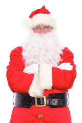 Kind Santa Claus standing with crossed arms, isolated on white background