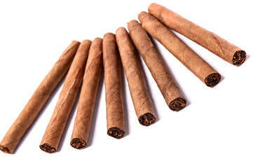 Brown cigar burned on white background