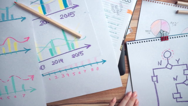 Woman drawing different business math graphs