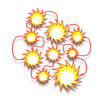 Multiple red and yellow explosion icons linked together 