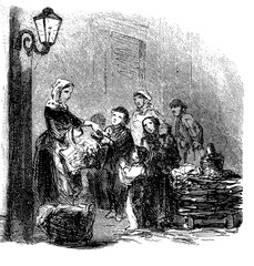 Vintage illustration, charity, giving food to pauper people