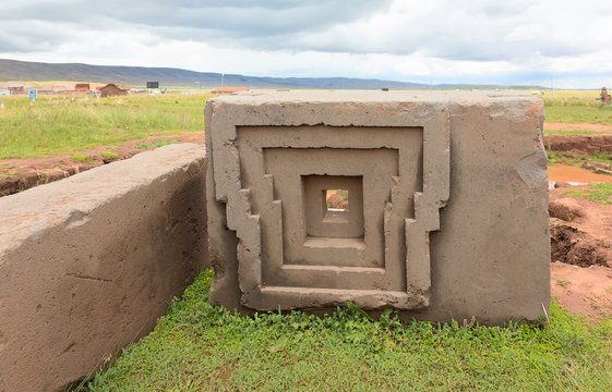 Megalithic stone with intricate carving in the complex Puma Punku, Bolivia