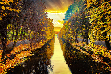 Pond in the Oliwa park in autumn scenery. Oliwa, Poland.