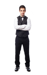 waiter crossing arms on white