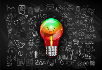 idea concept with light bulb and doodle sketches