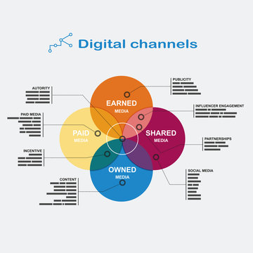 Infographics digital channels: color diagram of the four overlapping circles with footnotes on the sides in flat style.
