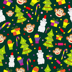 Seamless pattern with decorated trees and gifts