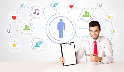 Business man with social media connection background