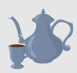 Vector illustration of coffee pot and coffee cups.