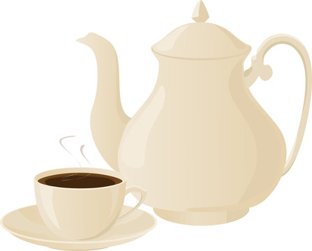 Vector illustration of coffee pot and coffee cups.