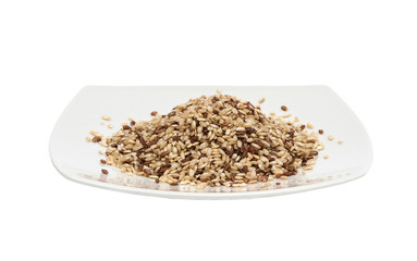 Raw brown rice on porcelain plate