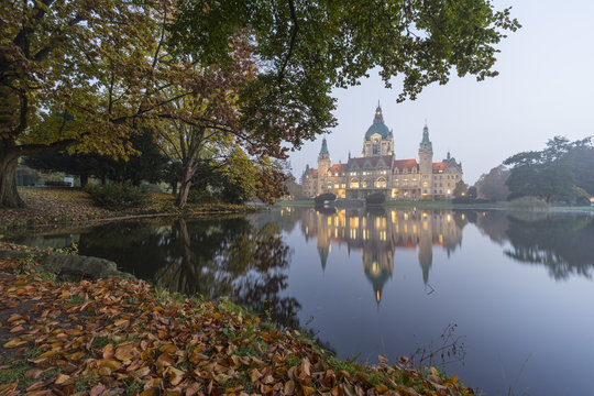 New City Hall of Hannover, Germany at foggy autumn morning