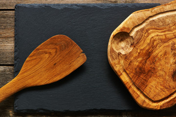 Olive wood cutting board and spatula