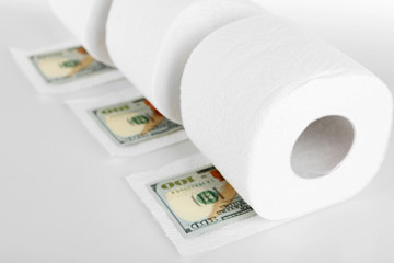 White rolls of toilet paper and dollar banknotes isolated on white
