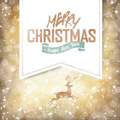 Merry Christmas Lights Background with Christmas Deer and Greeti