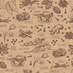 Seamless pattern with spices on a beige background