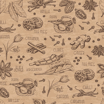 Seamless Pattern With Spices On A Beige Background