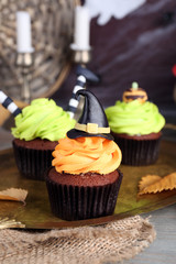 Halloween cupcakes on metal tray on the table