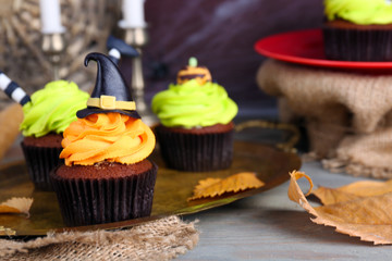 Halloween cupcakes on metal tray on the table