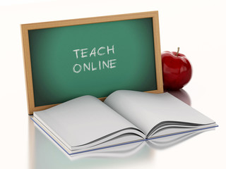 3d Blackboard with open book and a red apple.