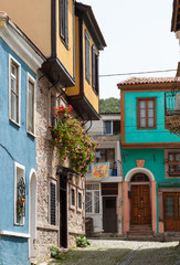 Old traditional houses in different colors in Ayvalik, Turkey