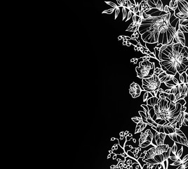 hand drawn flower design in white ink, elegant fancy floral doodle pattern of moss roses, primrose, ferns, wild rose and coral bells floral line design elements and copyspace on black background paper