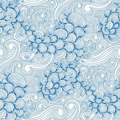 Ornamental Blue Waves and Shells Seamless Pattern