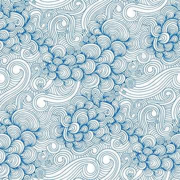 Ornamental Blue Waves and Shells Seamless Pattern