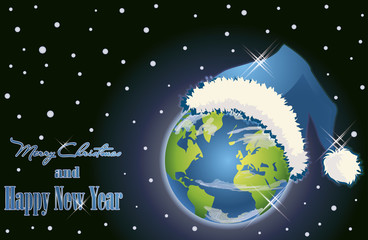 Happy new year background with xmas world ball, vector illustration