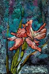 Oil painting of still life with orange  irises flowers in shade of black gray and blue  On  Canvas with  texture - 94759229